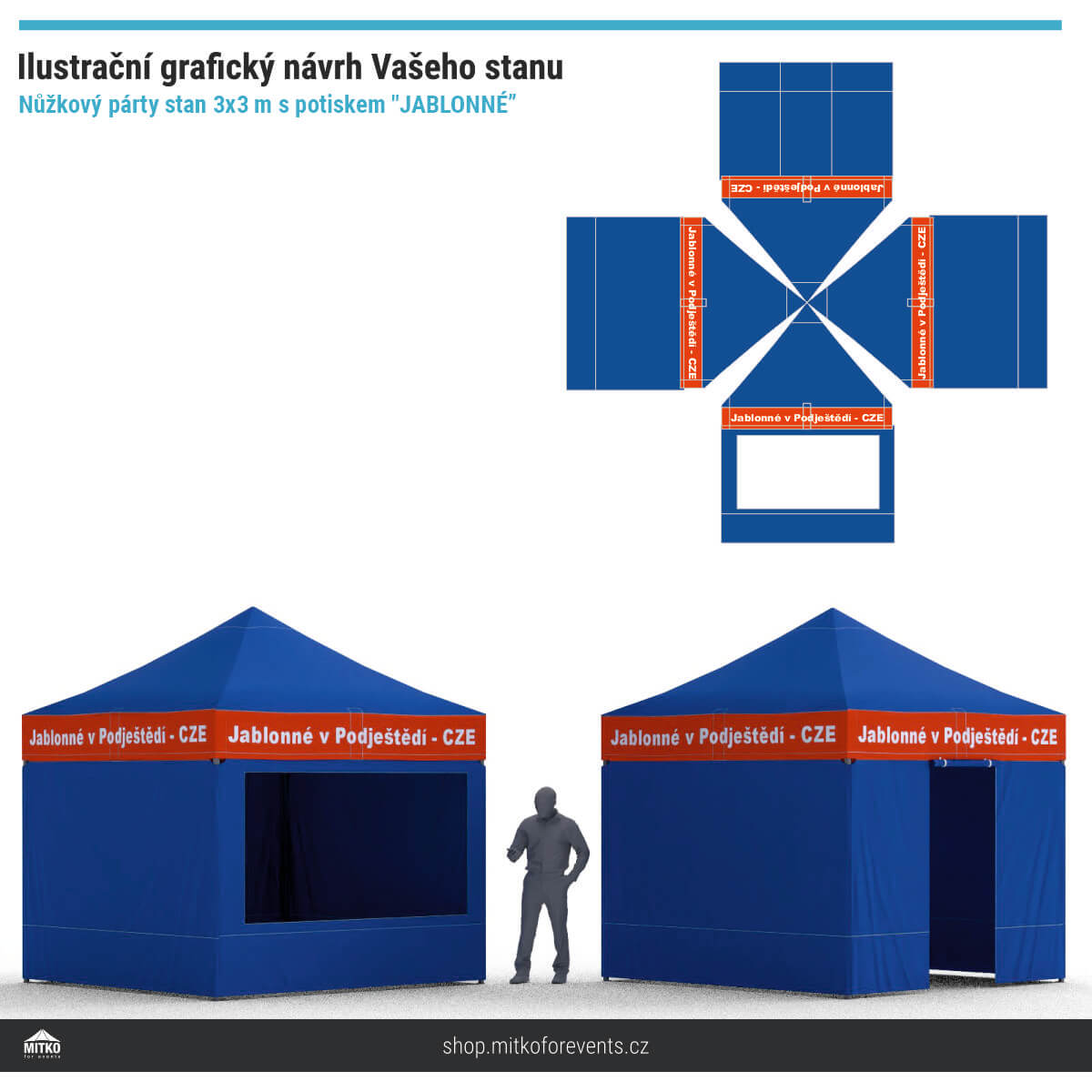 Ilustrační grafický návrh nůžkového stanu 3x3