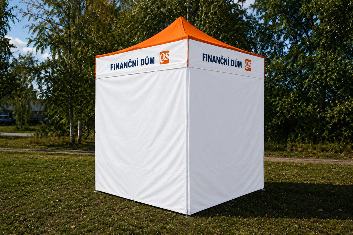 Nůžkový stan 2x2 Octa Go s potiskem 4 střešních límců Financni Dum